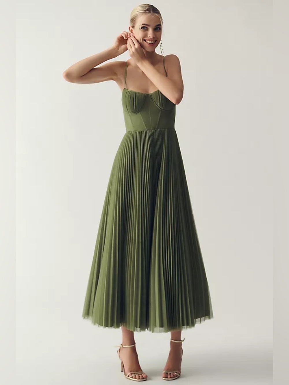 Hutch Amara Corset Pleated Tulle Fit & Flare Midi Dress Green